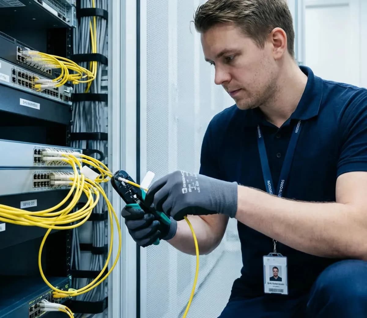 Man installing fiber cables datacenter