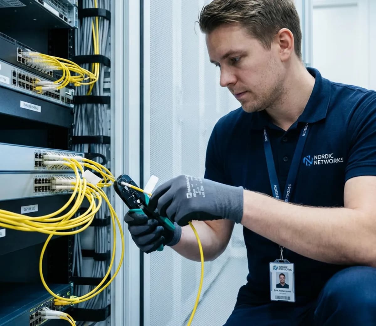 Man installing fiber cables