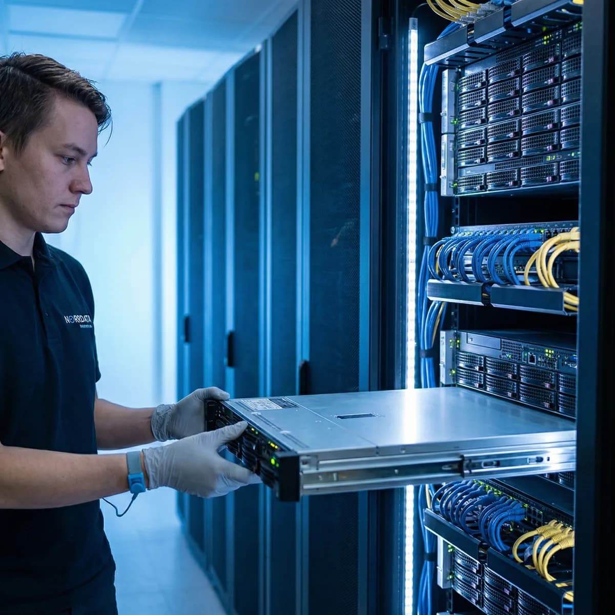 Man racking a server at DC