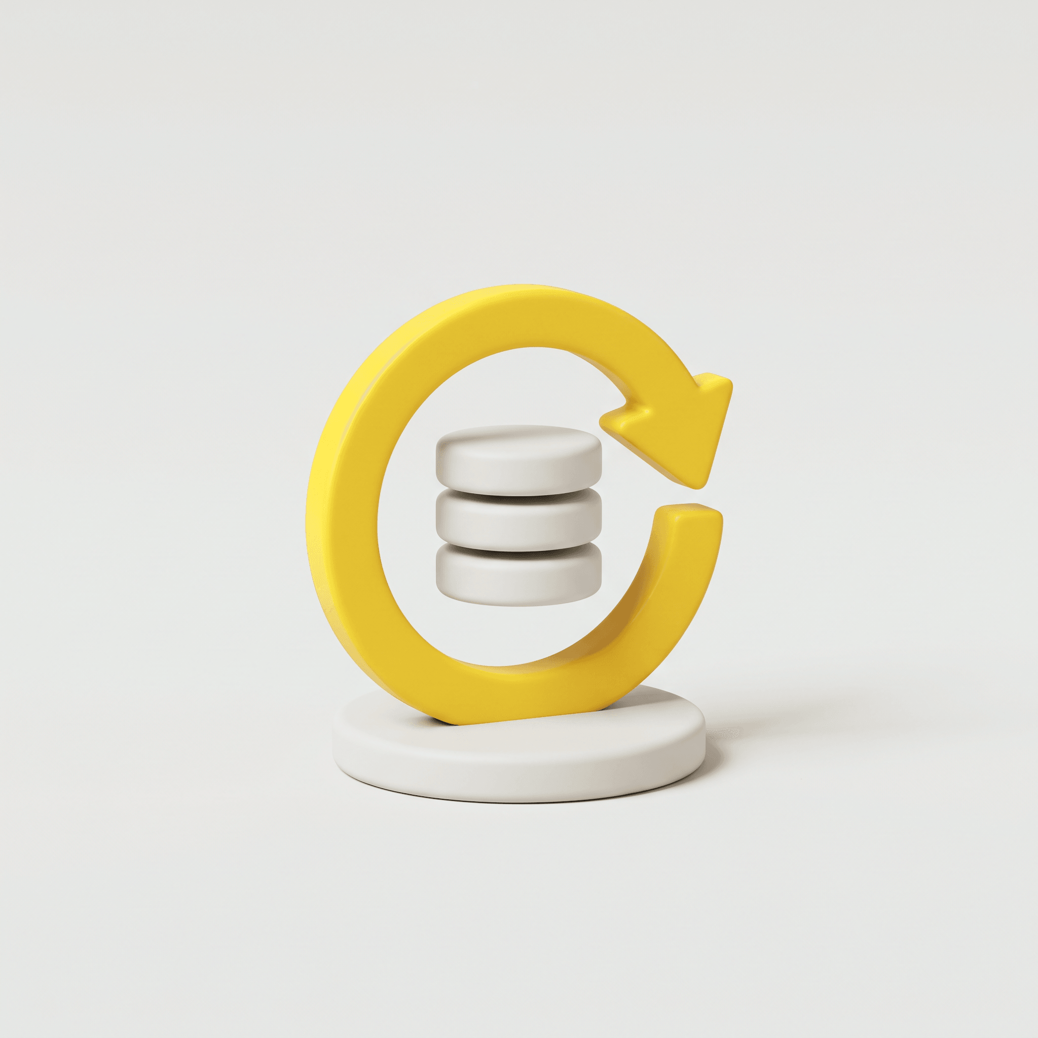 3D-illustration i lerstil av en stapel skivor inuti en gul cirkelpil på en rund sockel, en symbol för backup och återställning.