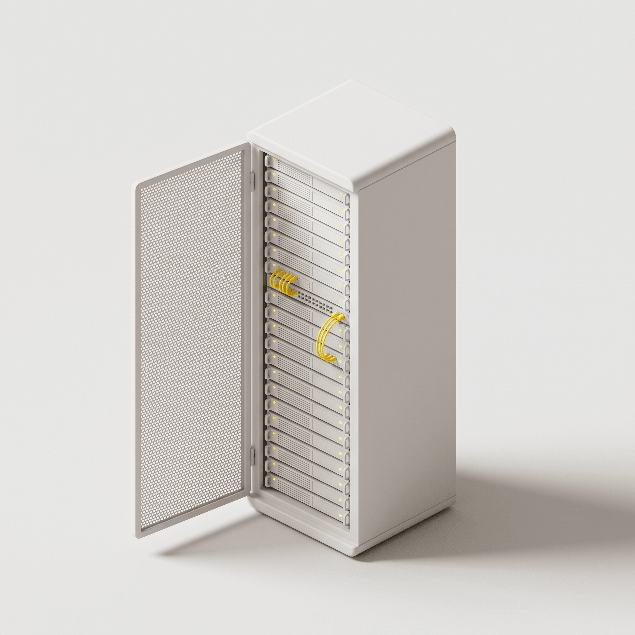 3D-illustration i lerstil av ett rackskåp med öppen dörr, servrar och gula patchkablar.