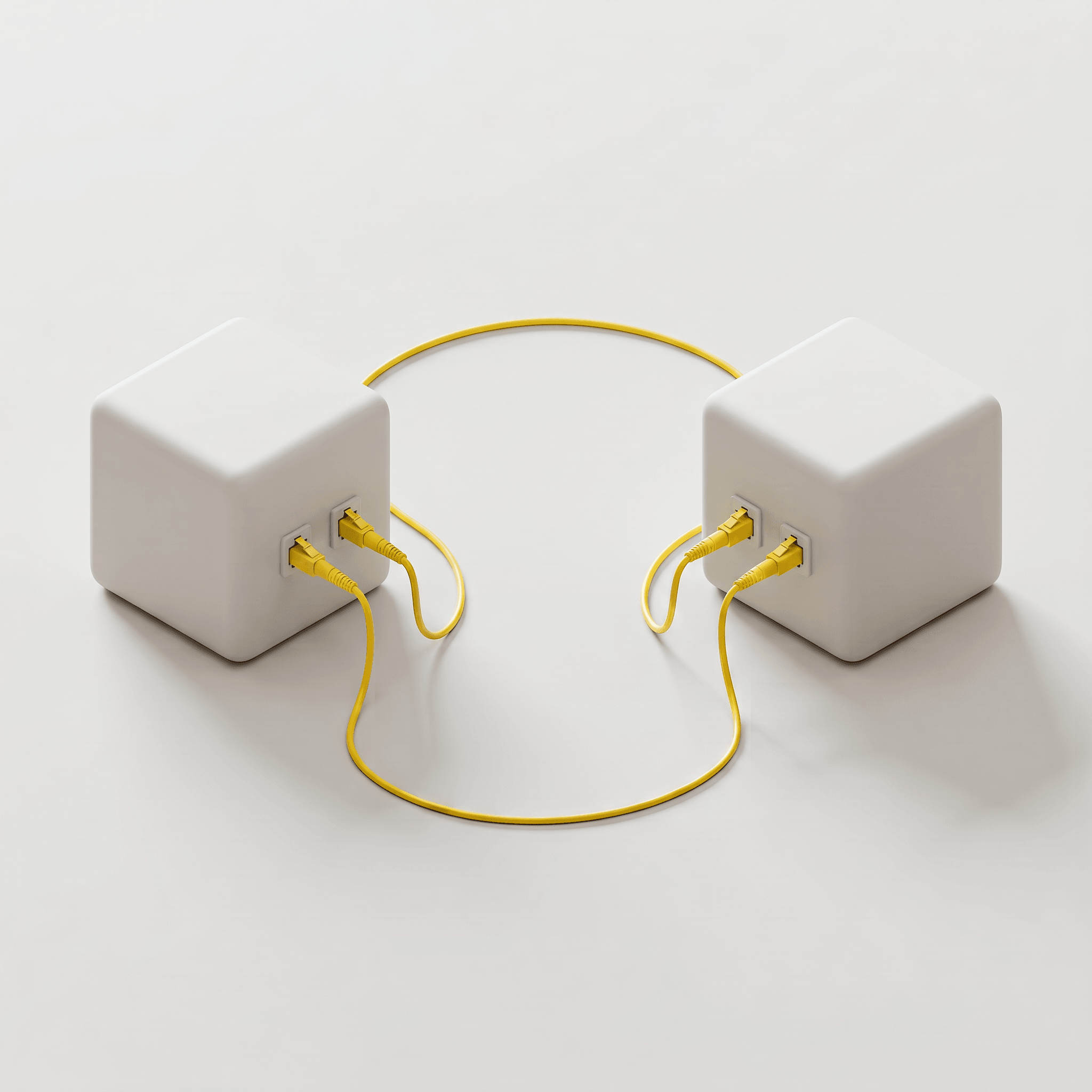 3D-illustration i lerstil av två kuber sammankopplade med två gula kablar som tar olika vägar, en redundant förbindelse.