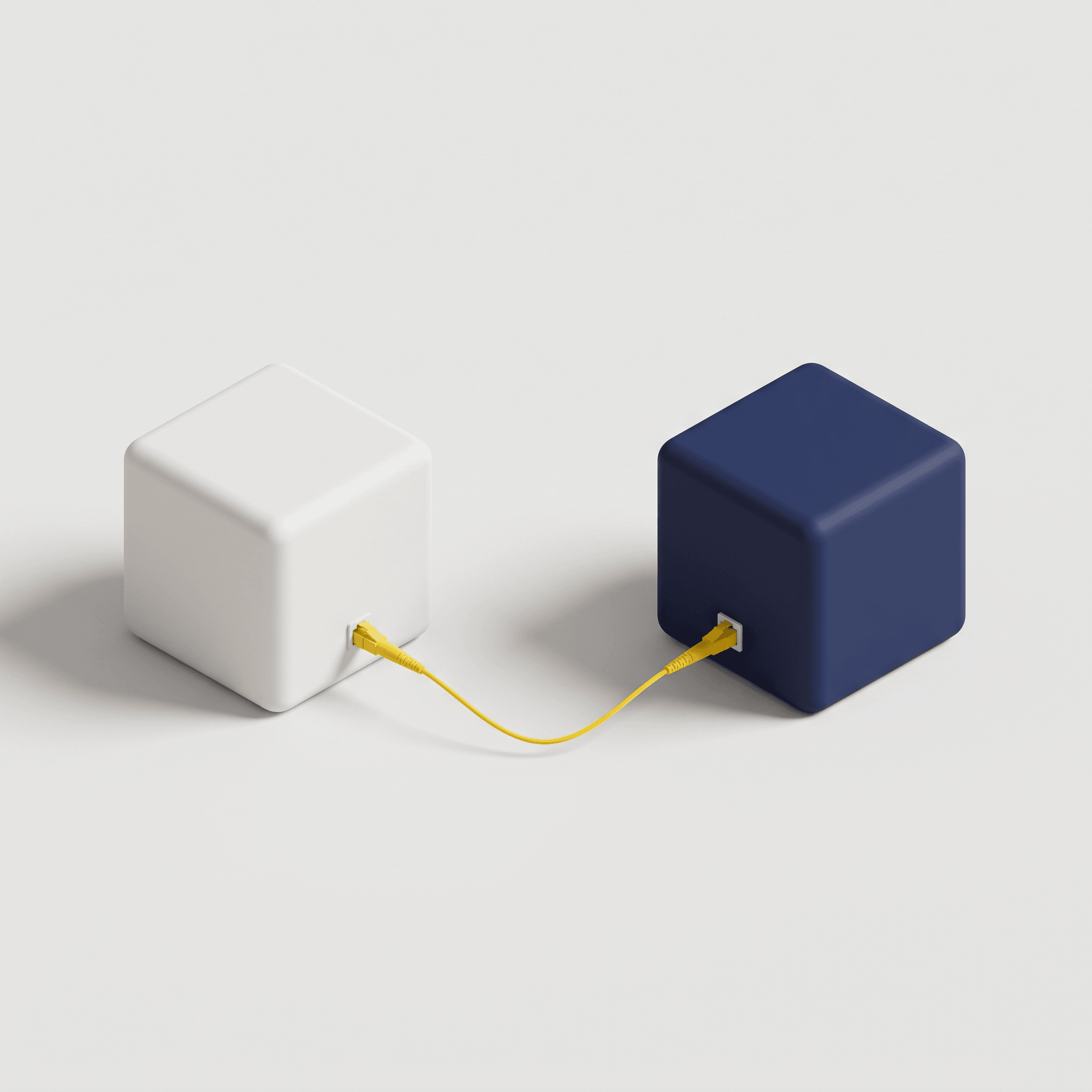 3D-illustration i lerstil av en vit och en marinblå kub, sammankopplade med en gul nätverkskabel.